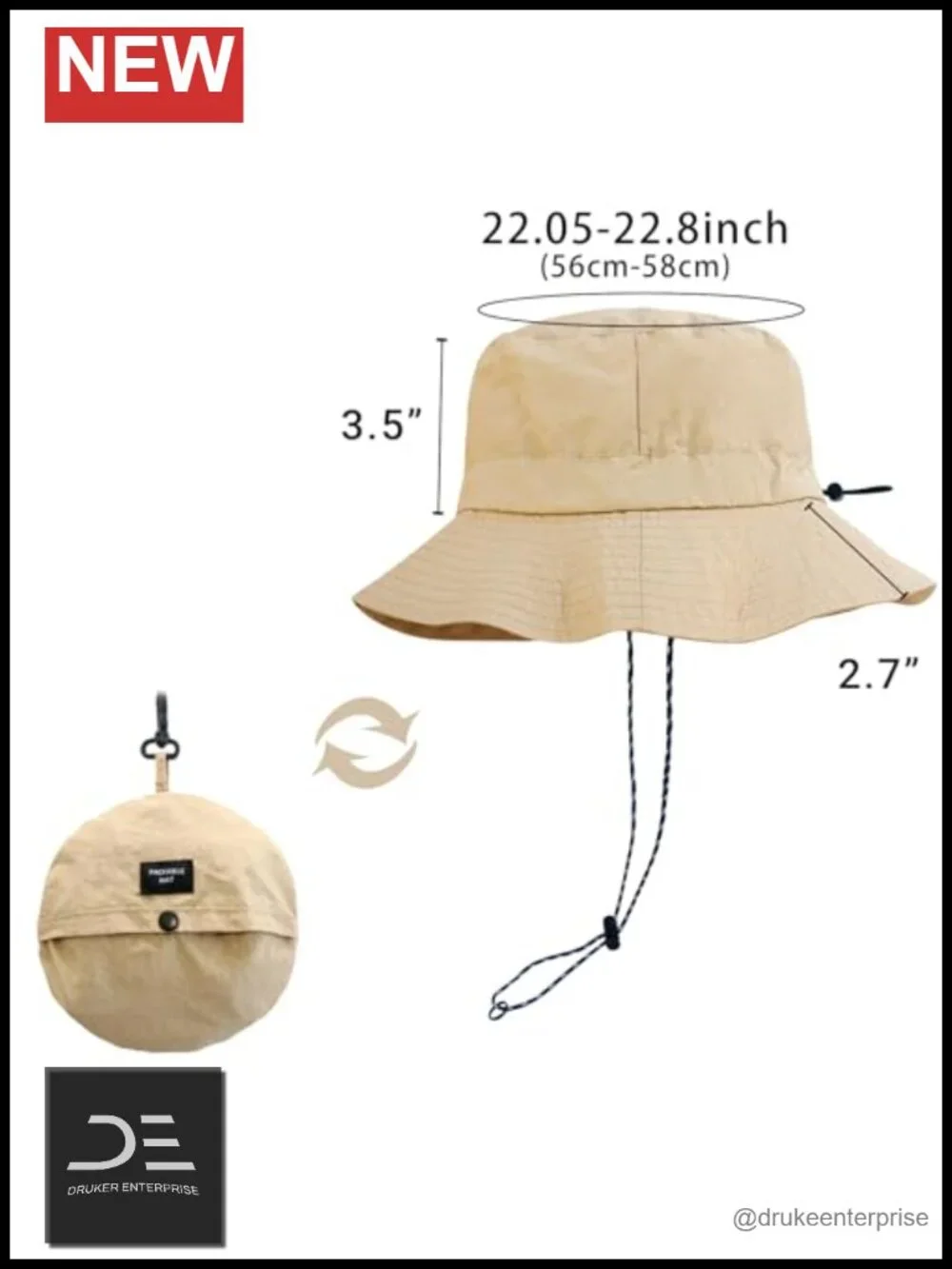 Packable Sun Bucket Hat Adjustable Chin Strap Waterproof Lightweight Hiking